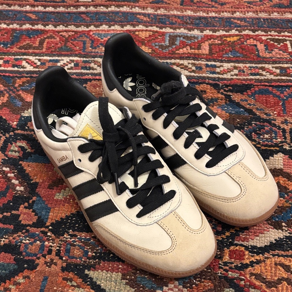 Women’s Adidas Samba, black & cream with gold accents